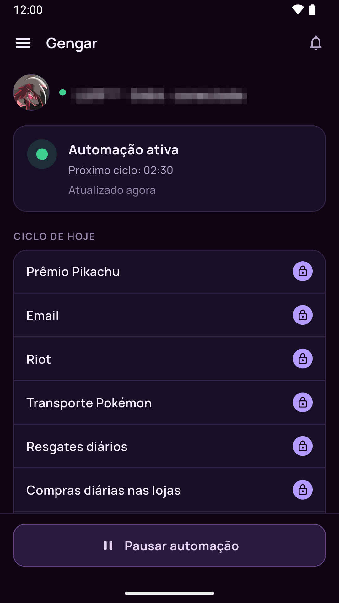 Tela inicial do Gengar com a automação ativa, o próximo ciclo às 02:00 e a lista de atividades do dia. Dados da conta ocultados.